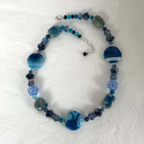 Sterling Silver 925 Blue Dyed Banded Agate & Chrysocolla Quartz Beaded Necklace - Picture 4 of 16